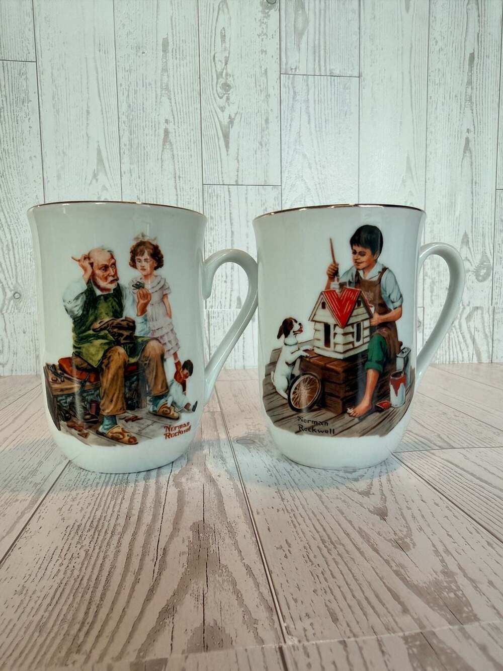 Norman Rockwell Set of 2 Coffee Mugs The Cobbler and A Dollhouse For Sis 1982